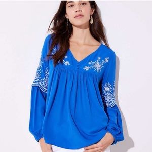 LOFT Blue Embroidered Peasant Blouse